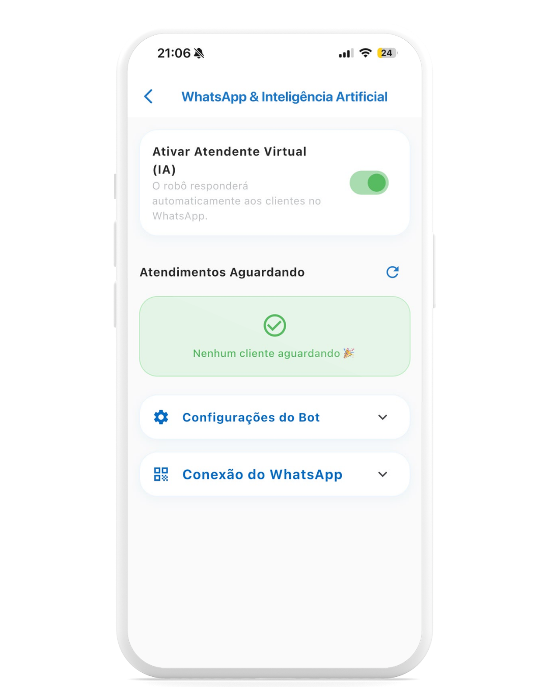 Tela do aplicativo no celular, WhatsApp e Inteligência Artificial